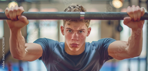 A young man demonstrates his resolve as he locks eyes with the camera while performing pull-ups on a bar