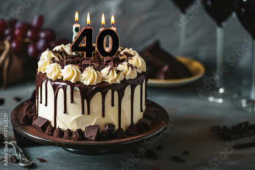 gâteau d'anniversaire avec des bougies pour 40 ans allumées, avec de la crème et du chocolat fondu. Gâteau au design masculin sur un fond flouté festif espace négatif copy space. 