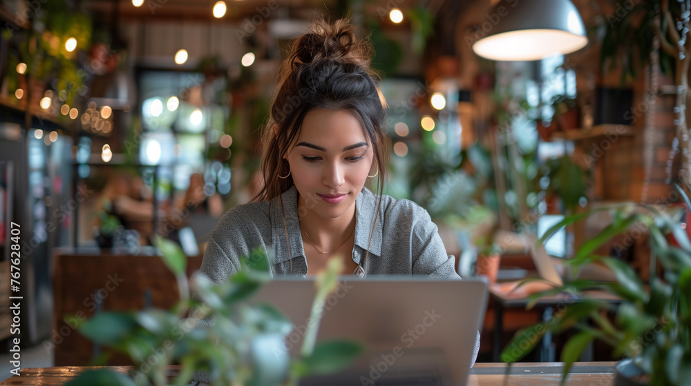 Young woman working on her laptop in at a Co-Working Space, vibrant yet professional coworking setting, modern work lifestyle, casual yet polished look.