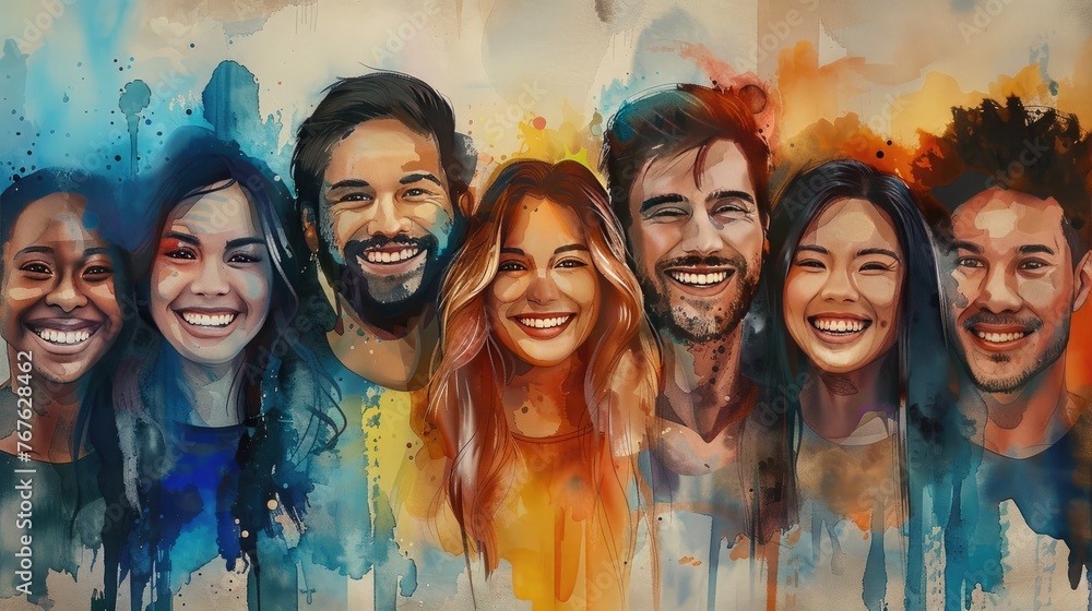 Diverse Group of Smiling People in Artistic Watercolor Illustration