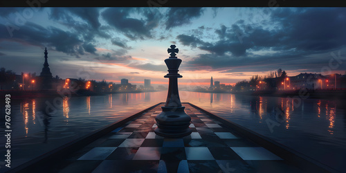  a chess game with scary dark clouds background , 