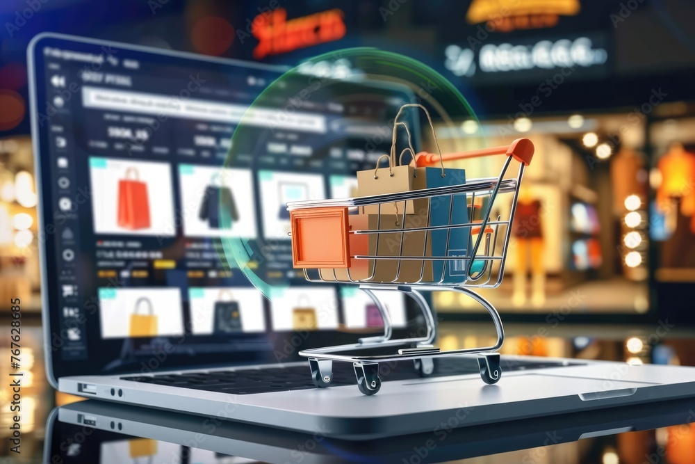 Product package boxes in cart with shopping bag and laptop computer with blurred web store shop on screen for online shopping and delivery concept Product package boxes in cart with shopping bag and laptop computer with blurred web store shop on screen for online shopping and delivery concept
