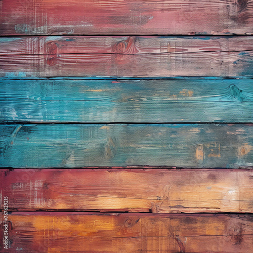 Colorful wooden planks, textured background, red and teal in the style of various artists