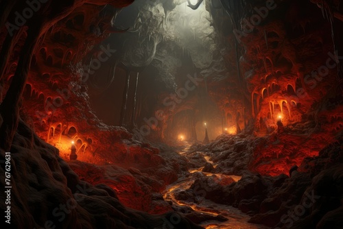 Dark cave in mountain with hot lava. Fantasy landscape of inferno with fiery molten magma flows in stone mountain tunnel. Volcano lava.