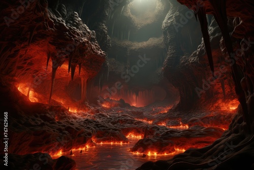 Fantasy landscape of inferno with fiery molten magma flows in stone mountain tunnel. lava in rock cave. Ground crack. Volcano lava.