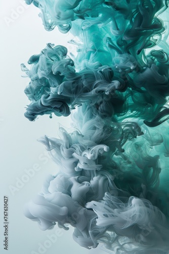 Ink watercolor landscape smoke flow stain blot on wet paper texture background Pastel blue, green colors, 
