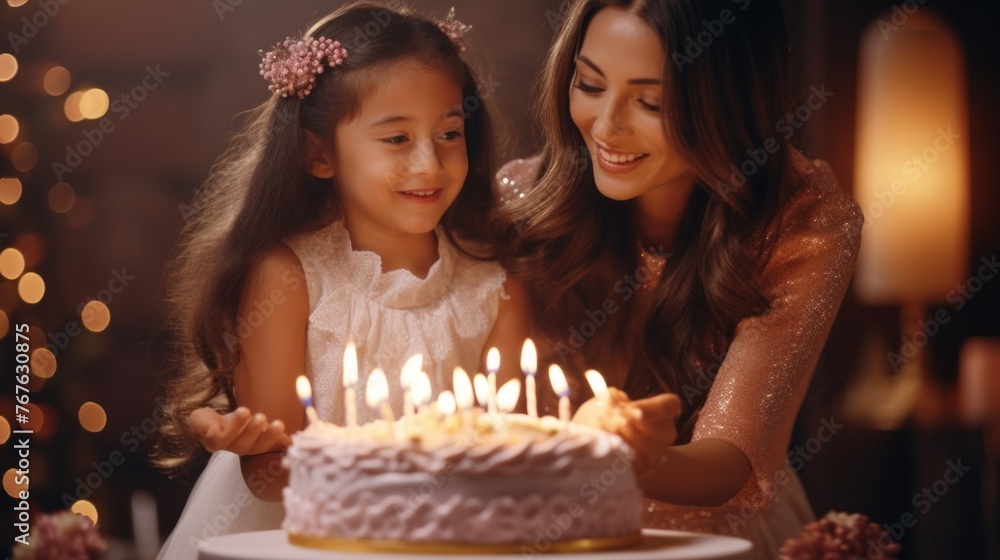 A woman and a little girl are lighting candles on a birthday cake A woman and a little girl are lighting candles on a birthday cake