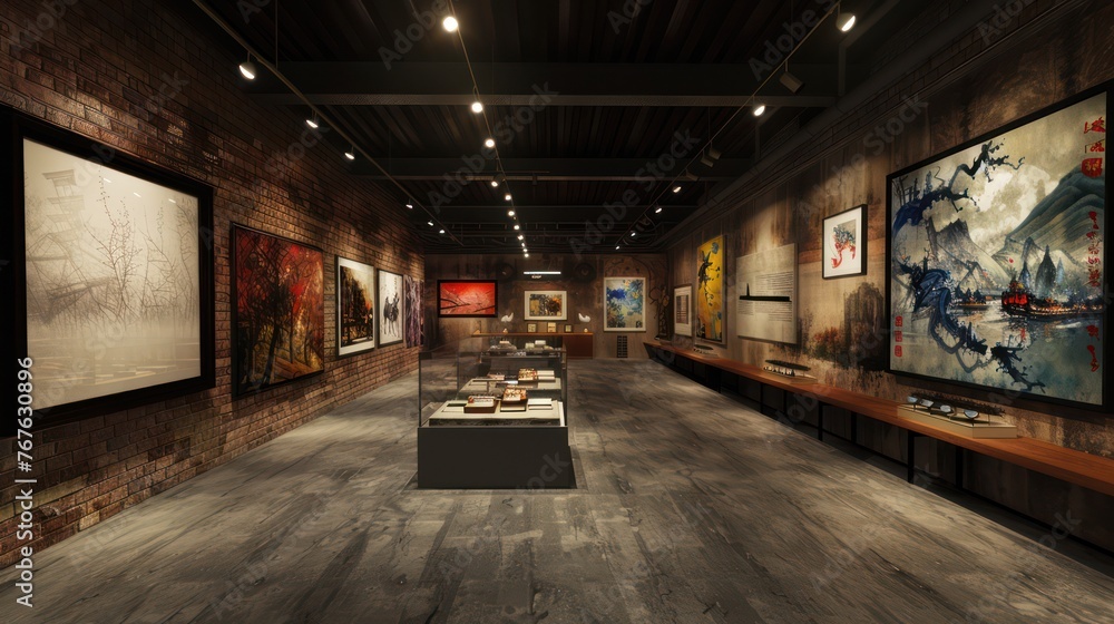 Fototapeta premium This image showcases a modern art gallery interior with brick walls featuring a variety of paintings and a central display of art books The lighting accentuates the artwork