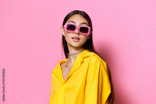 woman attractive girl trendy beautiful caucasian lifestyle sunglasses yellow fashion young