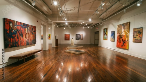 Modern art exhibition space showcasing diverse abstract and colorful paintings, with elegant wooden floors and lighting