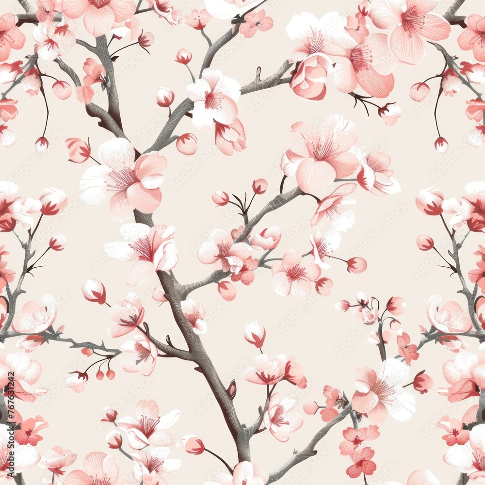 A floral pattern with pink flowers and branches. The flowers are arranged in a way that creates a sense of movement and flow. Scene is one of beauty and serenity