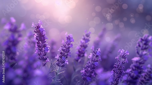 Beautiful purple lavender flowers in a field with a dreamy bokeh effect and glowing sunlight in the background create a tranquil and romantic scene