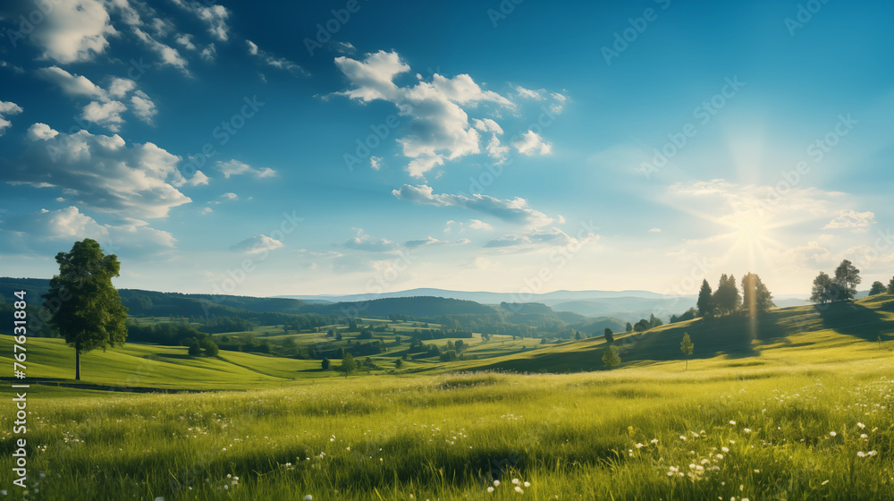 Idyllic summer setting displaying azure horizons, sunlit fields, and greenery Idyllic summer setting displaying azure horizons, sunlit fields, and greenery