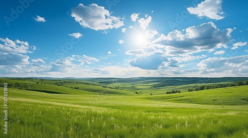 Enchanting summer scenery highlighted by blue skies, sunbeams, and lush green grass