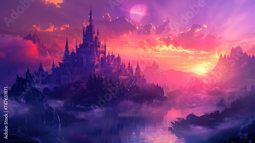A dreamlike vision of a fantasy castle set against a backdrop of resplendent mountains, glowing under a surreal purple sky The image evokes a sense of wonder and escape photo