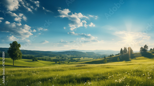 Idyllic summer setting displaying azure horizons, sunlit fields, and greenery © TosstheART
