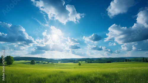 Picturesque summer scene featuring cerulean heavens  golden sunlight  and verdant fields