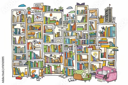 Cartoon cute doodles of a big city library with towering bookshelves, cozy reading nooks, and little bookworms exploring the magical world of books, Generative AI