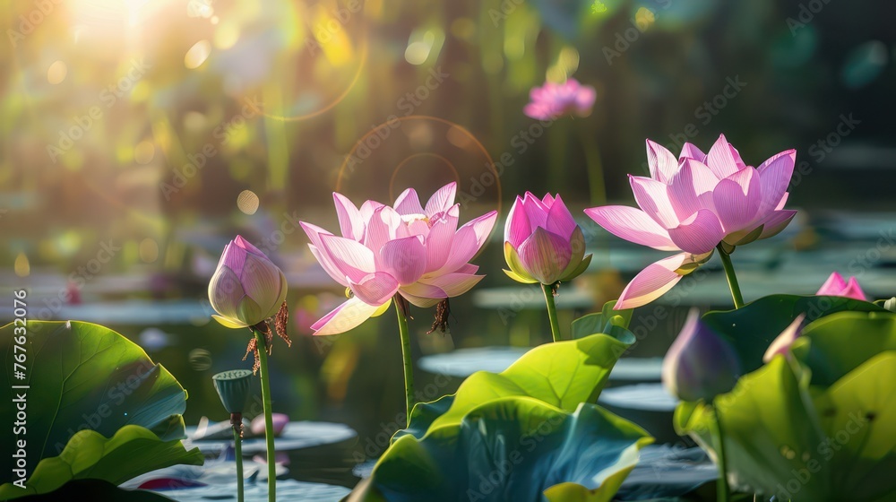 Obraz premium Serene scene of pink lotus flowers blossoming above the calm water, illuminated by a warm, ethereal sunlight with lush green leaves surrounding