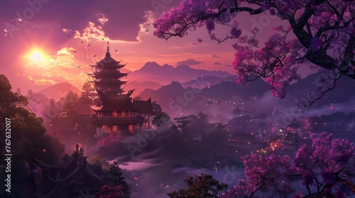 A breathtaking digital artwork showcasing an Oriental landscape with pagodas amid cherry blossoms under a sunset sky, evoking a serene and mystical atmosphere