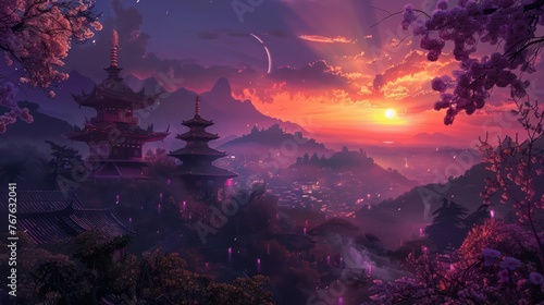 A breathtaking scene depicting a stunning sunset with shades of purple and pink over traditional Asian pagodas surrounded by cherry blossoms and a tranquil village