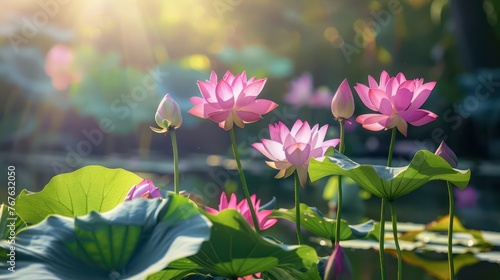 Captivating image showcasing vibrant pink lotus flowers and buds basking in the warm glow of sunlight  with lush green foliage background