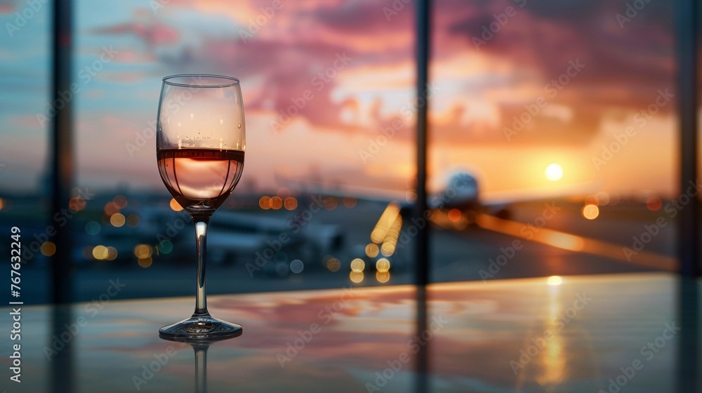 Summer vacation scene wine glass on airport lounge table