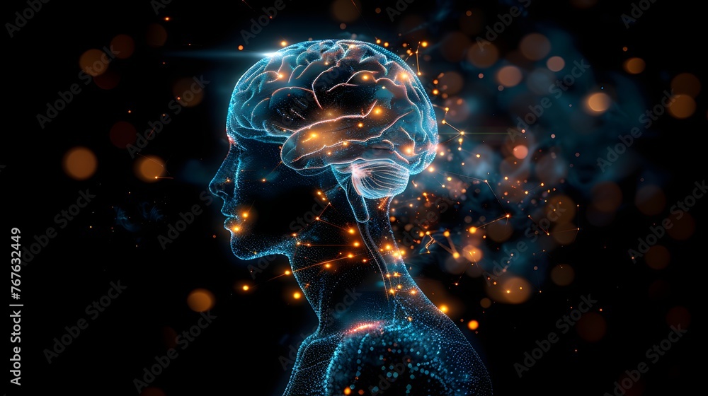 Digital concept art of a human silhouette with a brain composed of a glowing neural network, symbolizing cognitive processes and intelligence. Digital concept art of a human silhouette with a brain composed of a glowing neural network, symbolizing cognitive processes and intelligence.