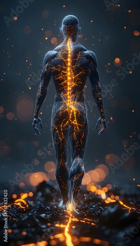 A highly detailed 3D illustration of the human nervous system with glowing connections representing neural activity.