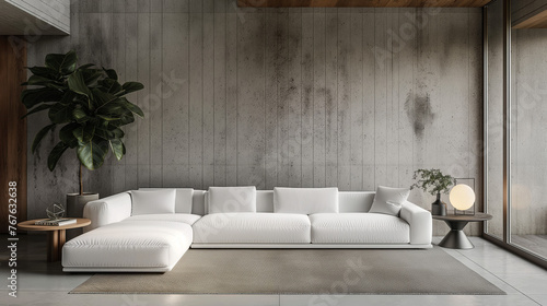 
A chic white sofa set against a sleek concrete paneling wall, creating a harmonious blend of modernity and industrial aesthetics in this minimalist, loft-inspired urban home interior design photo