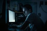 Man working late at night from home in dark room, illuminated by the glow of his computer monitor as he sits at desk.