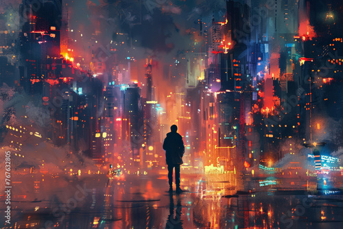 Man standing on street looking at futuristic city at night  sci-fi concept  illustration painting