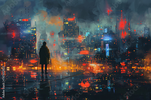Man standing on street looking at futuristic city at night, sci-fi concept, illustration painting