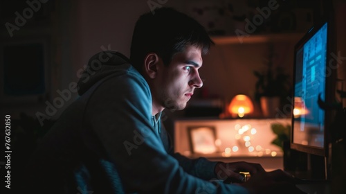 Man working late at night from home in dark room, illuminated by the glow of his computer monitor as he sits at desk.