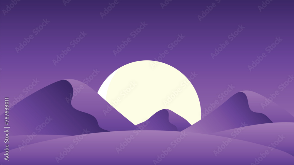 desert landscape at night with full moon, vector flat design illustration