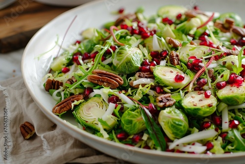 Shaved Brussels sprout salad with pomegranate and pecans, reflecting the trend of healthy and vibrant salads