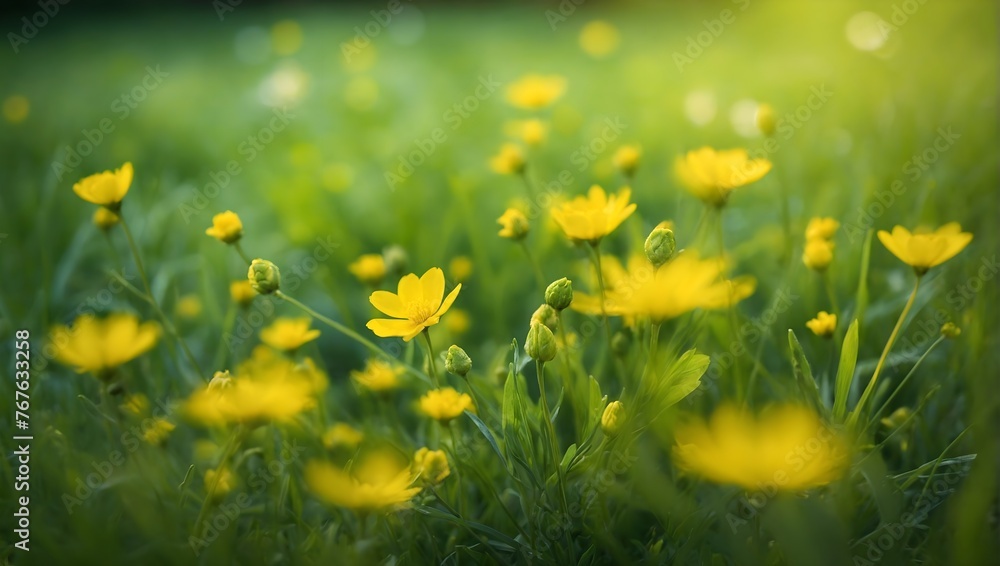 Spring summer natural background. Juicy young green grass and wild yellow flowers on the lawn outdoors in morning