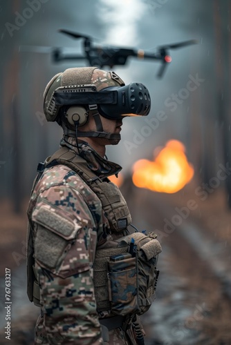 A soldier wearing virtual reality glasses controls a quadcopter. Modern military weapons