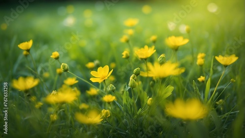 Spring summer natural background. Juicy young green grass and wild yellow flowers on the lawn outdoors in morning © Amir Bajric