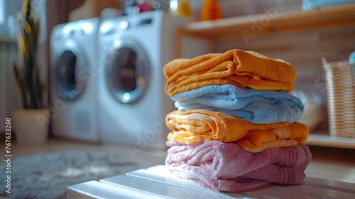 Neatly Folded Clean Laundry Stack On Home White Table photo