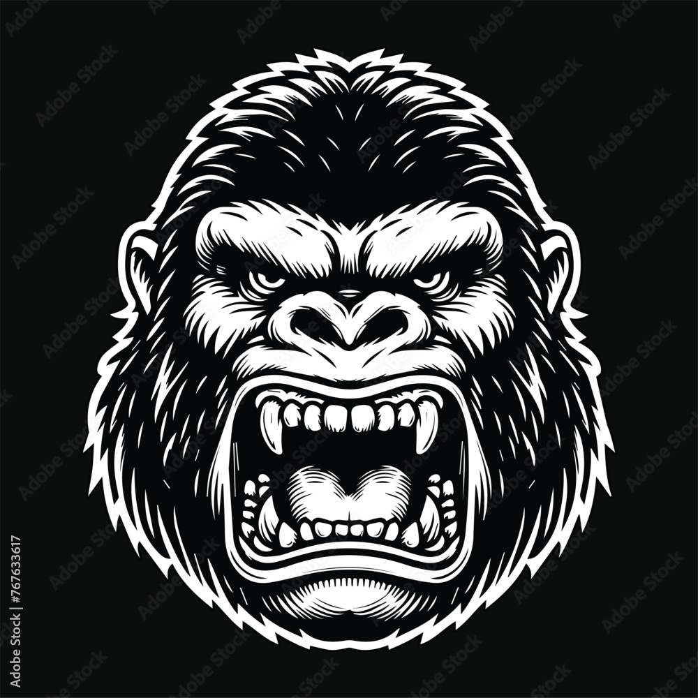 Dark Art Angry Beast Kingkong Head with Sharp Fang Black and White Illustration