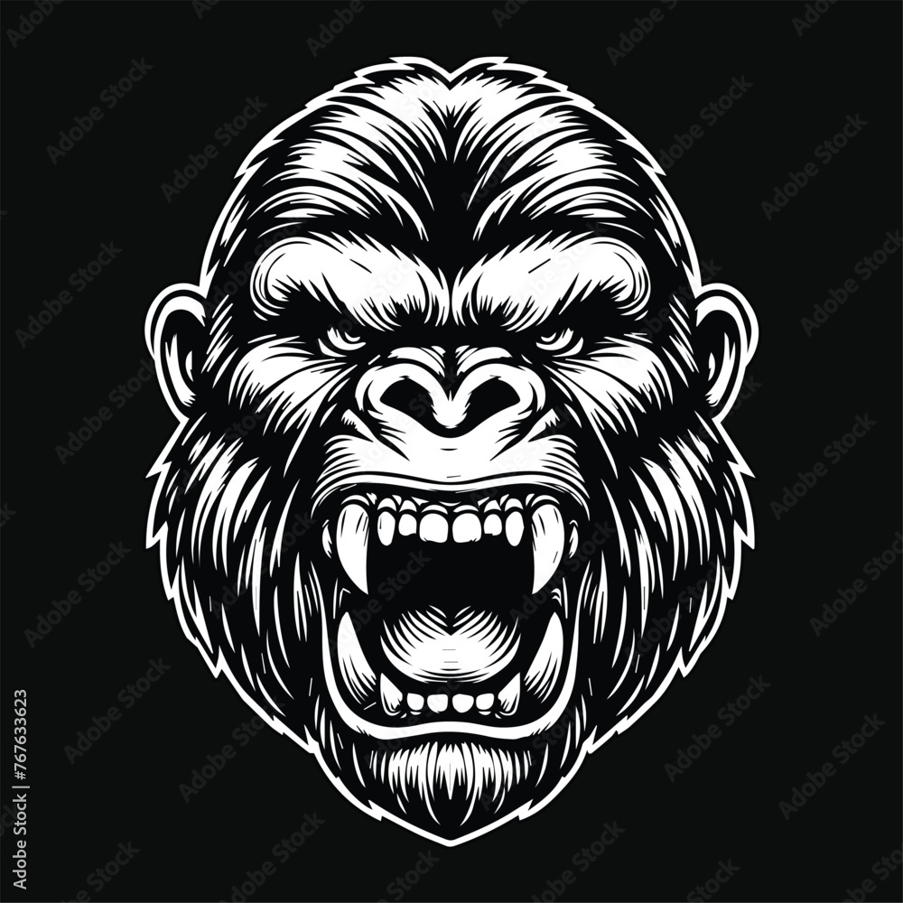 Fototapeta premium Dark Art Angry Beast Kingkong Head with Sharp Fang Black and White Illustration