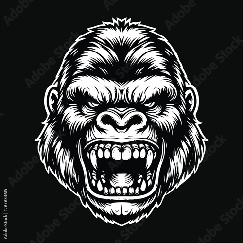 Dark Art Angry Beast Kingkong Head with Sharp Fang Black and White Illustration