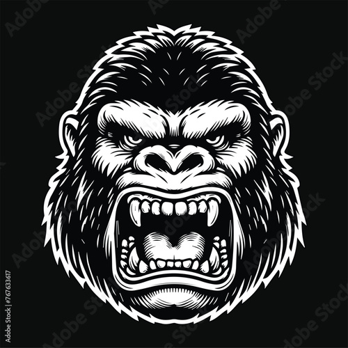 Dark Art Angry Beast Kingkong Head with Sharp Fang Black and White Illustration