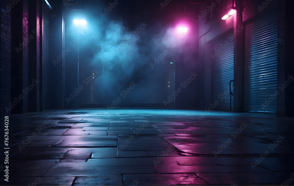 The spotlight illuminates the asphalt floor of the studio room, while tendrils of smoke dance through the air, enhancing the interior ambiance - obrazy, fototapety, plakaty 