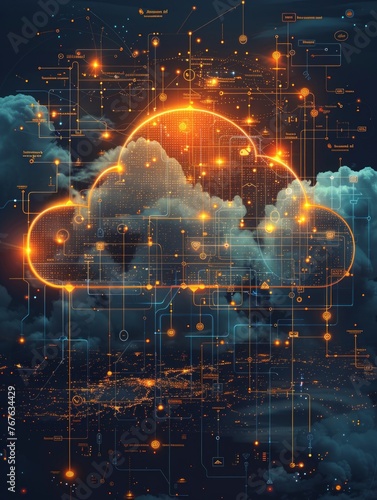 Abstract illustration of a glowing cloud with a city in the background surrounded by a network of lines and dots.