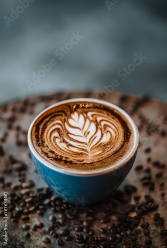 A cup of coffee with a leaf design on top