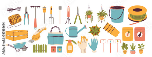 Set of gardening equipment. Rope, pruner, rake, shovel, hose, wheelbarrow, seeds and more. Vector illustration. photo