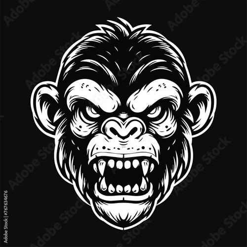 Dark Art Angry Beast Monkey Head with Sharp Fang Black and White Illustration