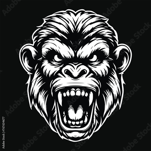 Dark Art Angry Beast Monkey Head with Sharp Fang Black and White Illustration